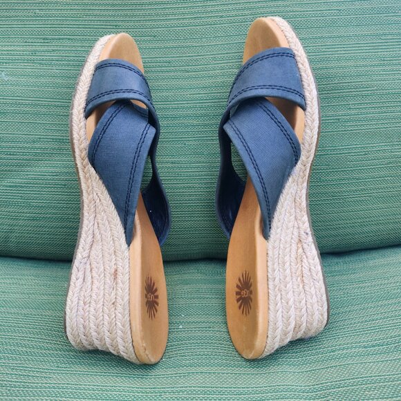 UGG Gwyn Espadrille Wedge Sandals Navy Women’s Size 7 cross leather straps - Picture 8 of 12